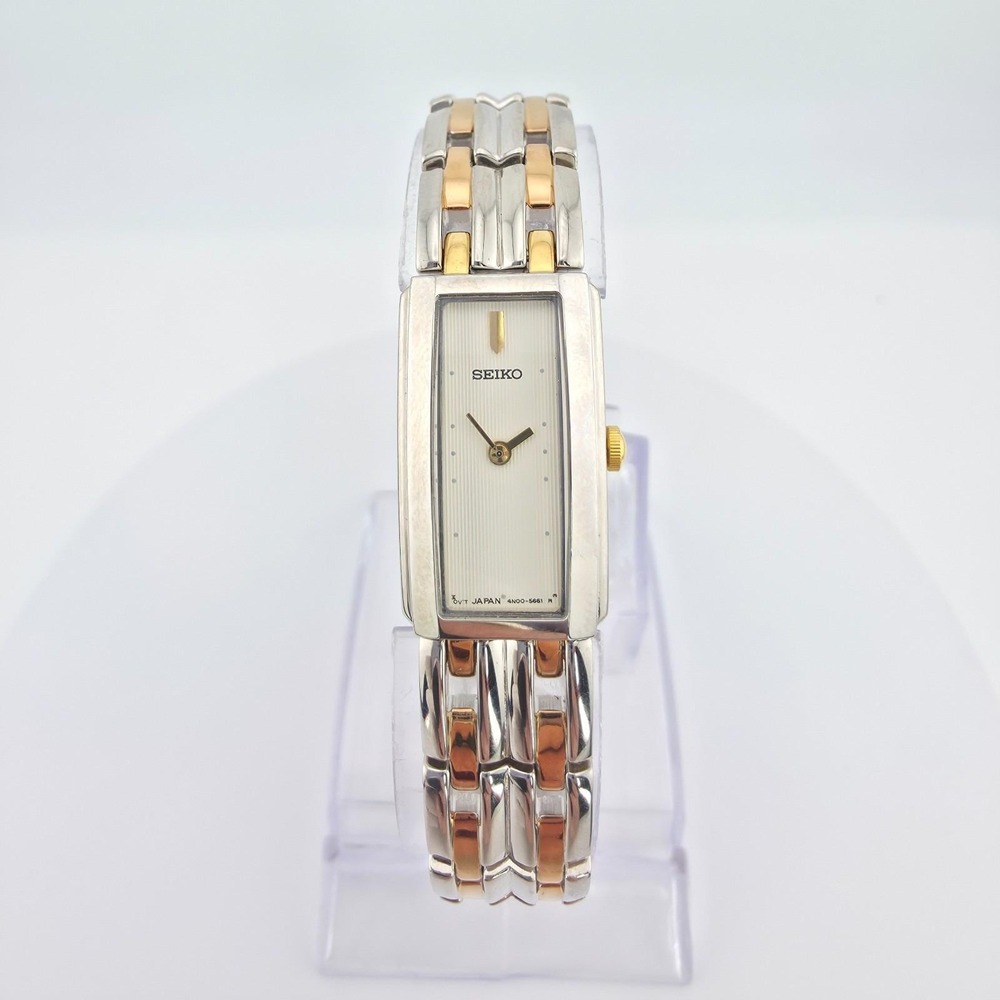 Vtg SEIKO Ladies Watch 4N00-7089 White Rectangle Dial Silver Gold Plate 7.25"